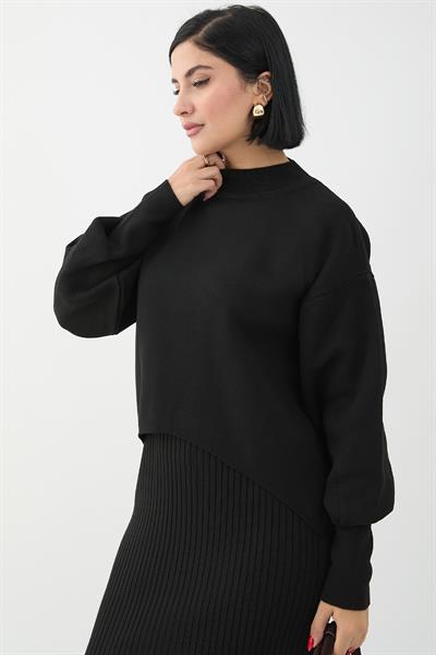 Balon Kollu Elbiseli Siyah Triko Takım