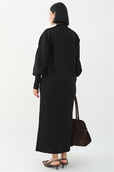 Balon Kollu Elbiseli Siyah Triko Takım