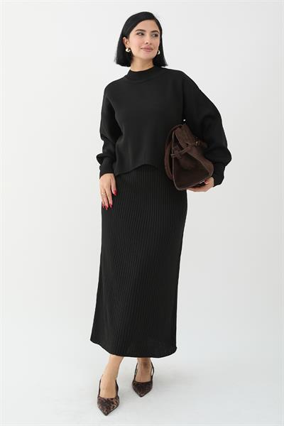 Balon Kollu Elbiseli Siyah Triko Takım