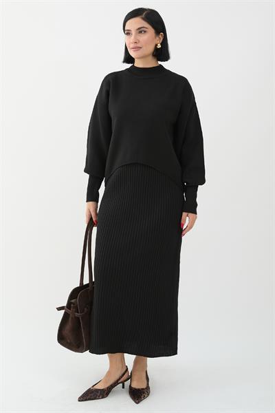 Balon Kollu Elbiseli Siyah Triko Takım