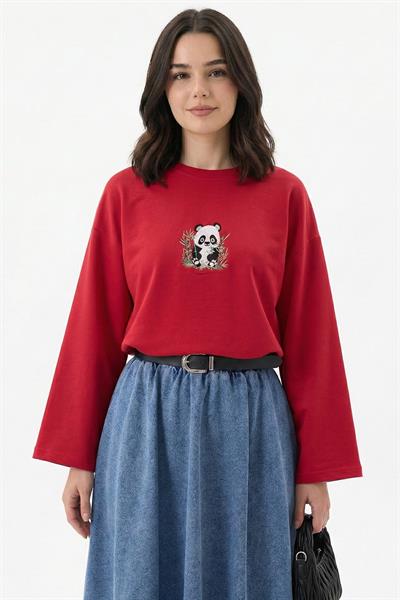 Bambu Panda Nakışlı Oversize Kırmızı Sweat