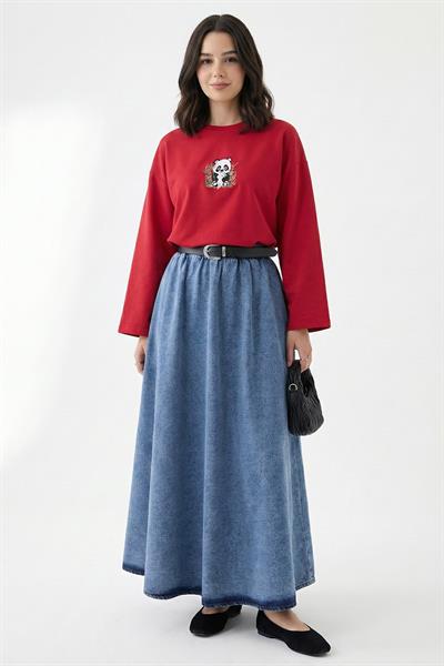 Bambu Panda Nakışlı Oversize Kırmızı Sweat