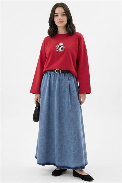 Bambu Panda Nakışlı Oversize Kırmızı Sweat