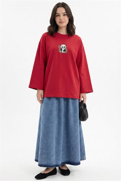 Bambu Panda Nakışlı Oversize Kırmızı Sweat