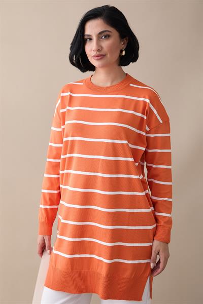 Basic Çizgili Turuncu Triko Tunik