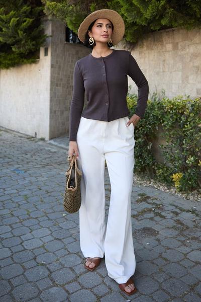 Basic Düğmeli Acı Kahve Waffle Hırka