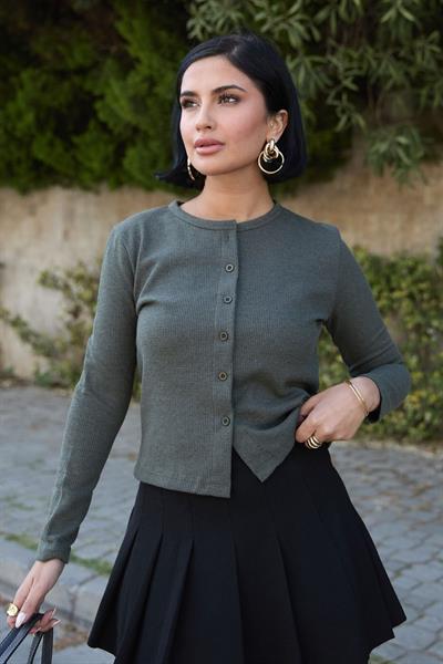 Basic Düğmeli Haki Waffle Hırka