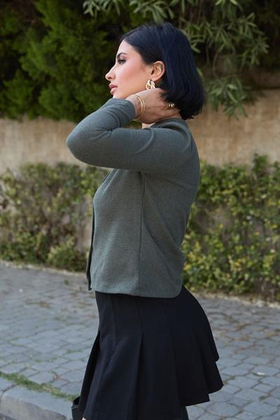 Basic Düğmeli Haki Waffle Hırka