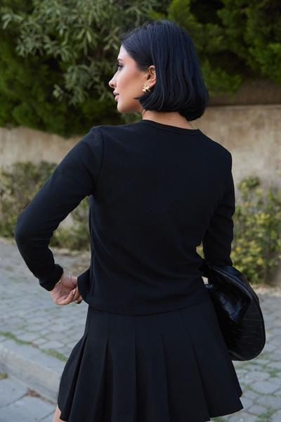 Basic Düğmeli Siyah Waffle Hırka