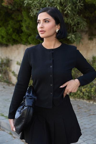 Basic Düğmeli Siyah Waffle Hırka