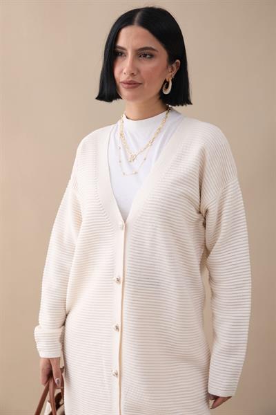 Basic Fitilli Beyaz Triko Hırka