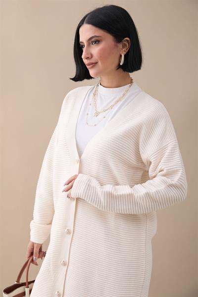 Basic Fitilli Beyaz Triko Hırka