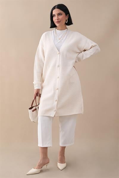 Basic Fitilli Beyaz Triko Hırka