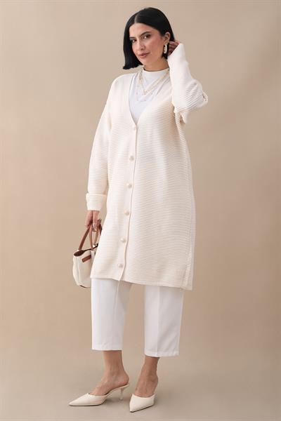 Basic Fitilli Beyaz Triko Hırka