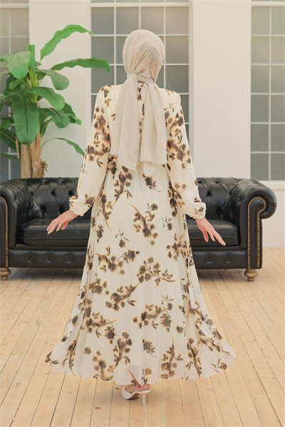 Batik Çiçekli Kahverengi Şifon Elbise