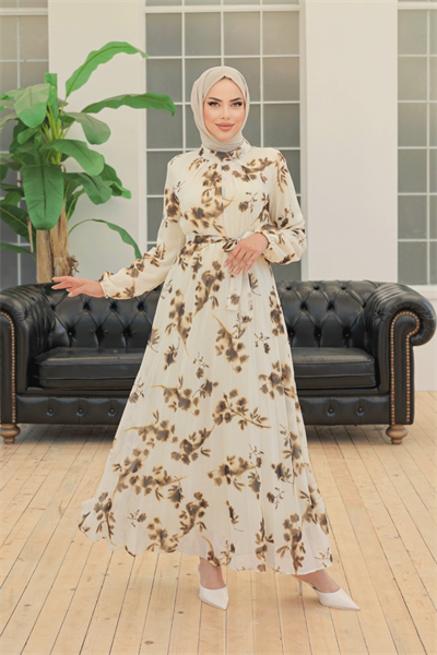 Batik Çiçekli Kahverengi Şifon Elbise