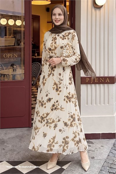 Batik Çiçekli Kahverengi Şifon Elbise