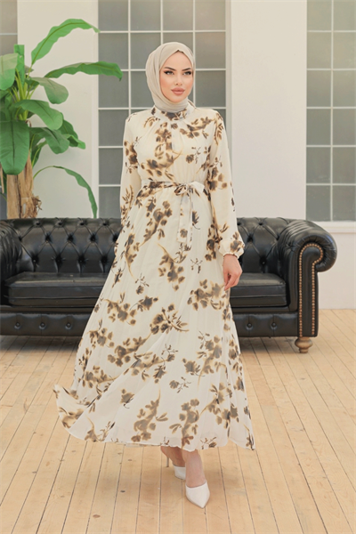 Batik Çiçekli Kahverengi Şifon Elbise