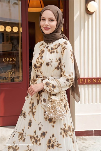 Batik Çiçekli Kahverengi Şifon Elbise