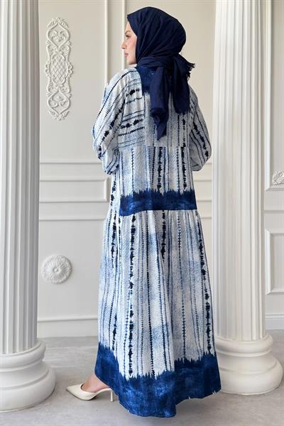Batik Çizgi Desen Mavi Viskon Elbise