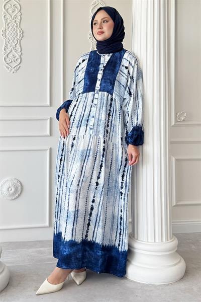 Batik Çizgi Desen Mavi Viskon Elbise