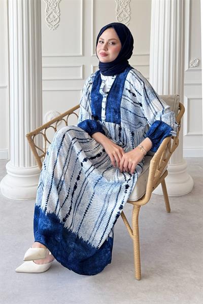 Batik Çizgi Desen Mavi Viskon Elbise