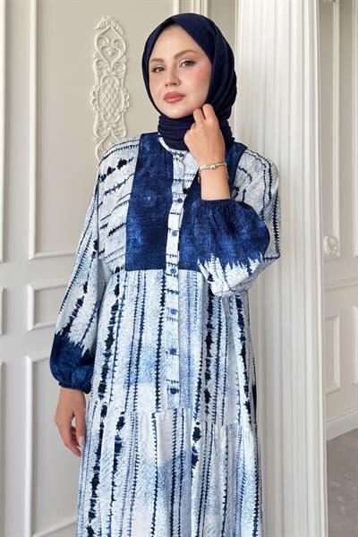 Batik Çizgi Desen Mavi Viskon Elbise