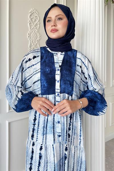 Batik Çizgi Desen Mavi Viskon Elbise