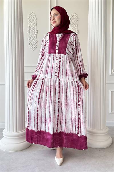 Batik Çizgi Desen Pembe Viskon Elbise