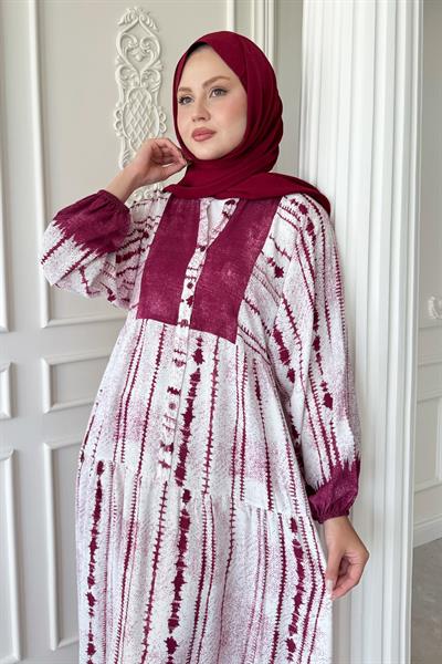 Batik Çizgi Desen Pembe Viskon Elbise