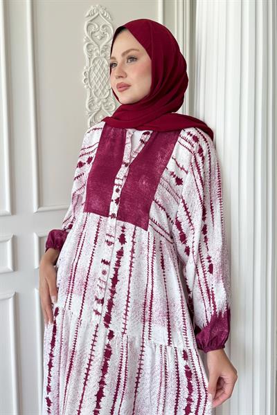 Batik Çizgi Desen Pembe Viskon Elbise