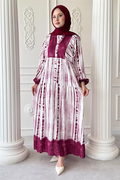 Batik Çizgi Desen Pembe Viskon Elbise