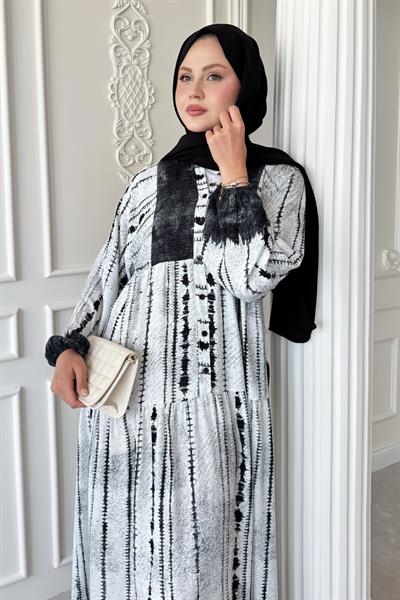 Batik Çizgi Desen Siyah Viskon Elbise