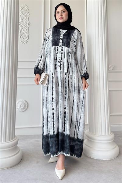 Batik Çizgi Desen Siyah Viskon Elbise