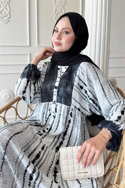 Batik Çizgi Desen Siyah Viskon Elbise