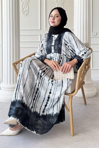 Batik Çizgi Desen Siyah Viskon Elbise