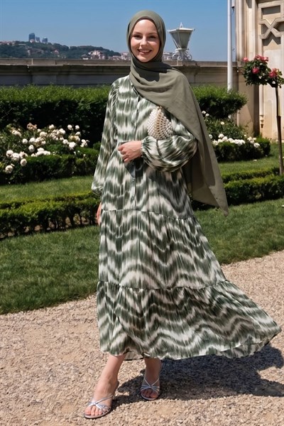 Batik Desenli Viskon Haki Elbise