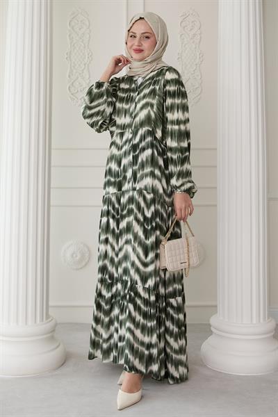 Batik Desenli Viskon Haki Elbise