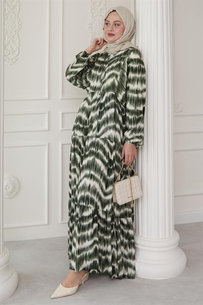 Batik Desenli Viskon Haki Elbise