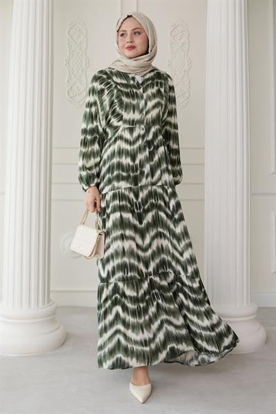 Batik Desenli Viskon Haki Elbise