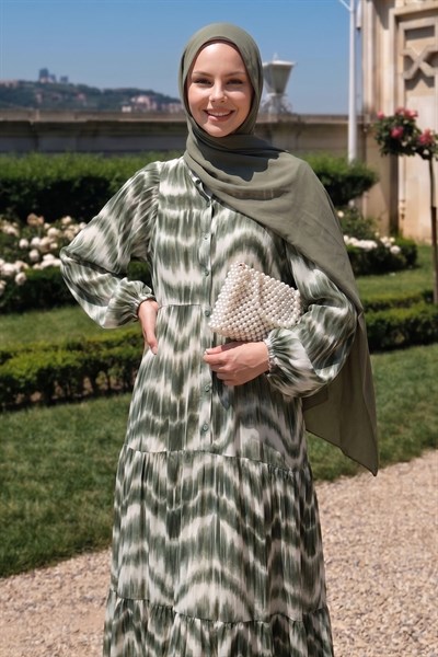 Batik Desenli Viskon Haki Elbise