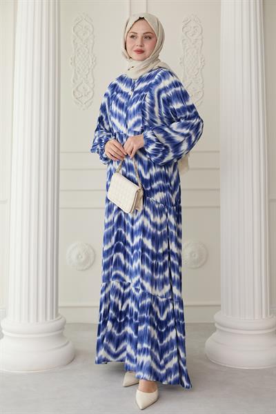 Batik Desenli Viskon Lacivert Elbise