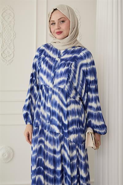 Batik Desenli Viskon Lacivert Elbise