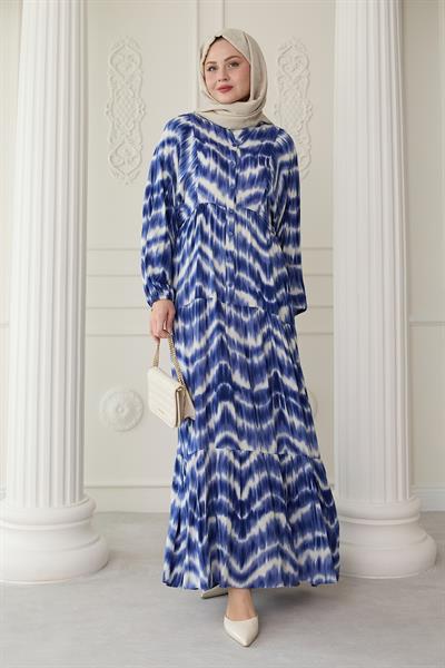 Batik Desenli Viskon Lacivert Elbise