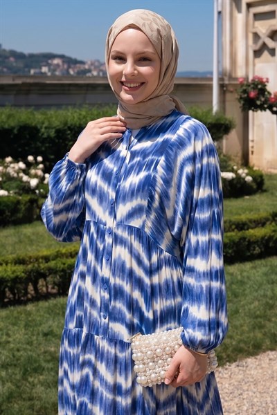 Batik Desenli Viskon Lacivert Elbise