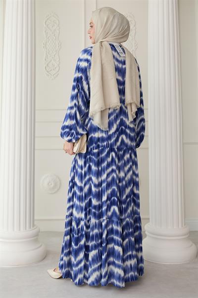 Batik Desenli Viskon Lacivert Elbise
