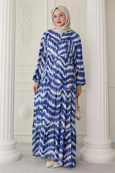Batik Desenli Viskon Lacivert Elbise