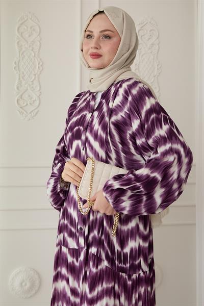 Batik Desenli Viskon Mor Elbise