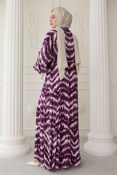 Batik Desenli Viskon Mor Elbise