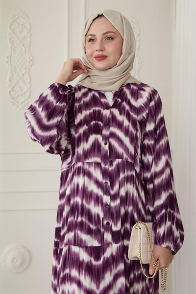 Batik Desenli Viskon Mor Elbise